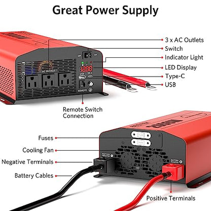 2000 Watt Pure Sine Wave Power Inverter 12V DC to 110V