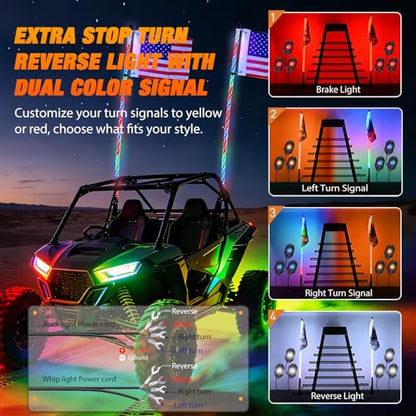 RGB LED Whip Light 2PCS 4FT with 4 Rock Lights Combo