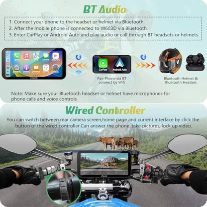 W603D 6.3" Motorcycle GPS Carplay Screen with 1080P Dual Cameras