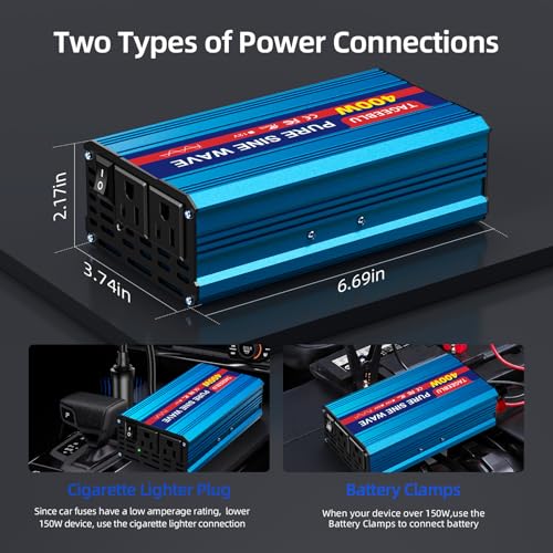 400W Pure Sine Wave Power Inverter 12V DC to 110V 120V AC for Vehicles