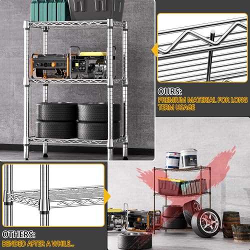 750 lbs 3 Tier Shelf Metal Storage Shelves Shelving Wire Rack Heavy Duty Closet Organizers for Garage Kitchen Bathroom Laundry Chrome 13.8" D x 23.6" W x 35.5" H (3 Count)