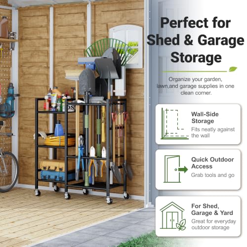 Garden Tool Organizer with 6 Industrial Wheels & Large Hooks