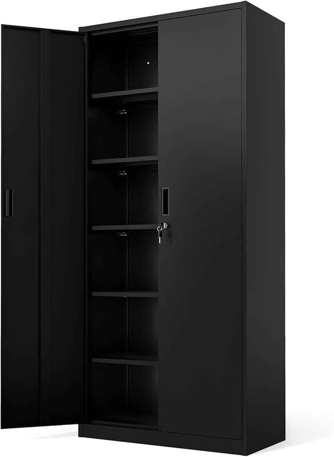VINGLI Metal Garage Storage Cabinet with 2 Doors and 5 Adjustable Shelves, 71" Tall Steel Lockable File Cabinet, Locking Tool Cabinets for Home Office Garage Gym School (Black)