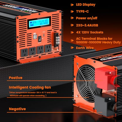 5000 Watt Pure Sine Wave Power Inverter 12V DC to 110V 120V Converter for Family RV Off Grid Solar System Car with Type