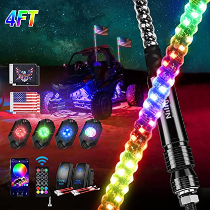 2PCS 4FT RGB LED Whip Light and 4 PCS Rock Lights Combo Kit