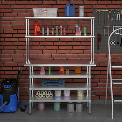 18" x 48" Stainless Steel Work Table with 3 Shelves and 12" Wide Double Tier Overshelf