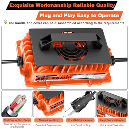 36V 25A Golf Cart Battery Charger 1250W for EZGO & Yamaha with Crowfoot Plug