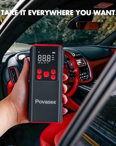 Tire Inflator Portable Air Compressor Povasee 150PSI Portable Air Pump for Tires Cordless Car Tire Inflator with LCD Display