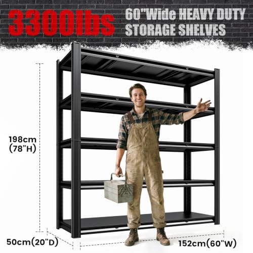5 Tier 60”W x 20”D x 78”H Heavy Duty Garage Storage Shelves 3300LBS Metal Garage Shelving Adjustable Garage Storage Shelving Units Metal Shelves for Industrial Shelf