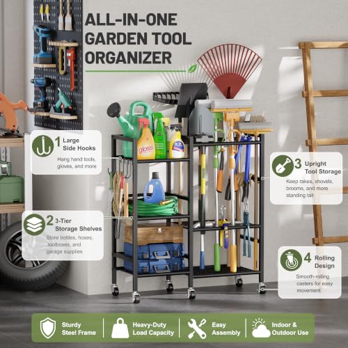 Garden Tool Organizer with 6 Industrial Wheels & Large Hooks