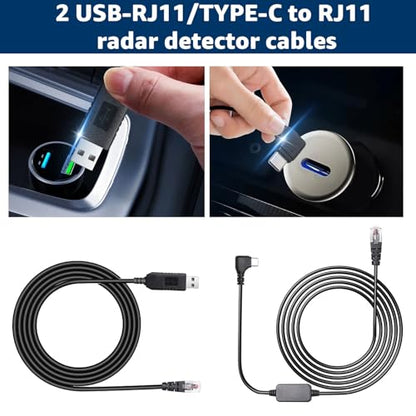 USB C to RJ11 & USB to RJ11 Radar Detector Cable for Escort Uniden & More (2 Count)