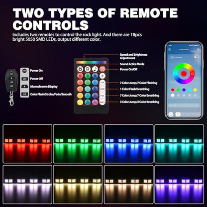 RGB LED Rock Lights Kit 4 PCS 18LED Wide Angle Wheel Well Light