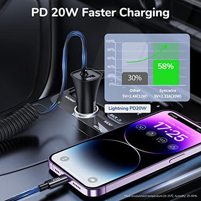 Apple MFi Certified] Syncwire iPhone Car Charger 32W Super Fast Car Phone Charger Cigarette Lighter USB Car Adapter with Build