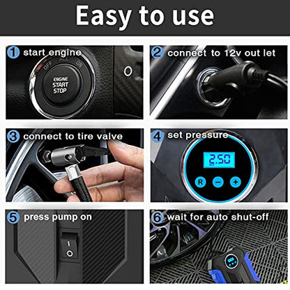Digital Air Compressor for Car Auto Pump Portable Tire Inflator with LED Light DC 12V