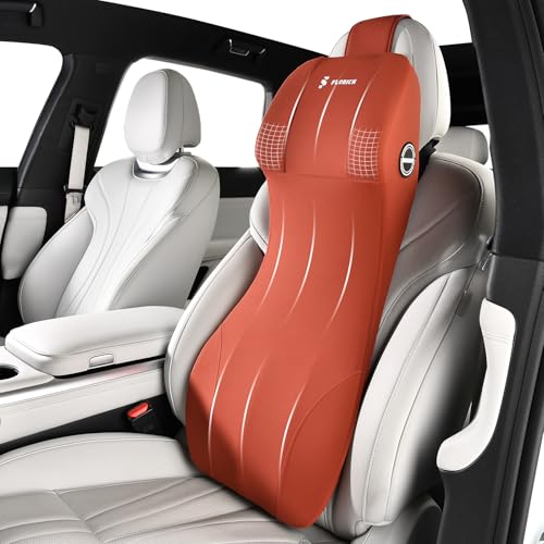 2-in-1 Lumbar Support with Headrest Pillow for Car Ergonomic Memory Foam Car Seat Back Cushion Integrated Lumbar Pillow with Car Neck Pillow for Driving Seat Relief Back Sciatica Pain, Red