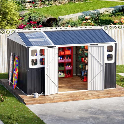 12x10 FT Metal Storage Shed with Unique Base Sunroof Window Lockable Double Door Vent