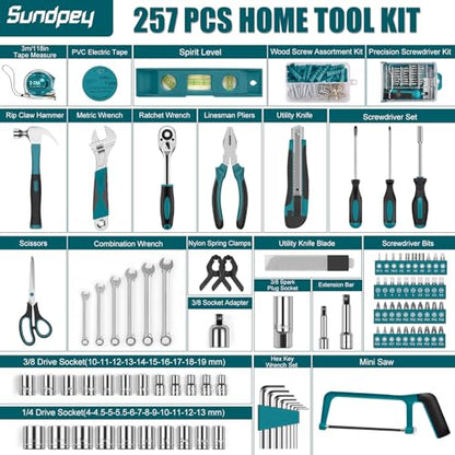 257 Pcs Portable General Basic Hand Tool Kit Set for Home with Case