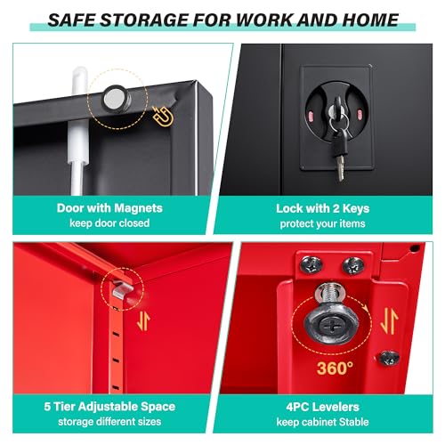 Red Metal Storage Cabinet with Locking Doors and Shelves