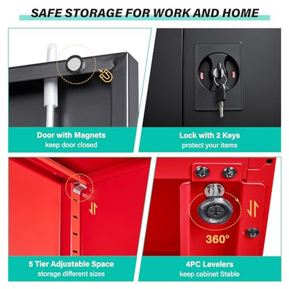Red Metal Storage Cabinet with Locking Doors and Shelves