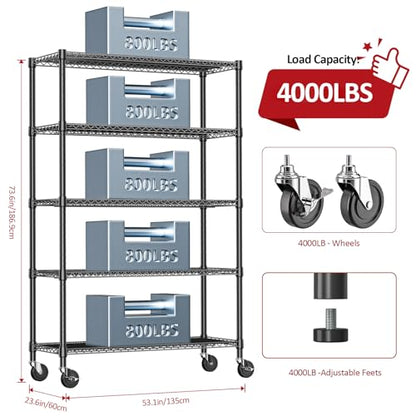 Garage Shelving Wide Storage Shelves 5 Tier Metal Shelves 4000 LBS Heavy Duty Adjustable Utility Shelf Rack Black 23.6" D x 53.1" W x 73.6" H (5 Count)