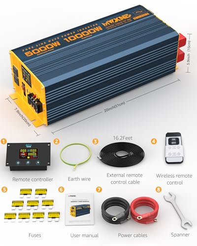 5000 Watt Power Inverter Pure Sine Wave 24V DC to 110V 120V 10000W Peak Heavy Duty Inverter with Remote Control and LED Display