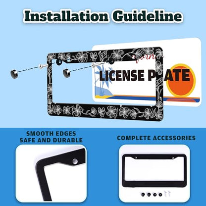 Black White Line Drawing Floar License Plate Frame Stainless Steel 6X 12 in