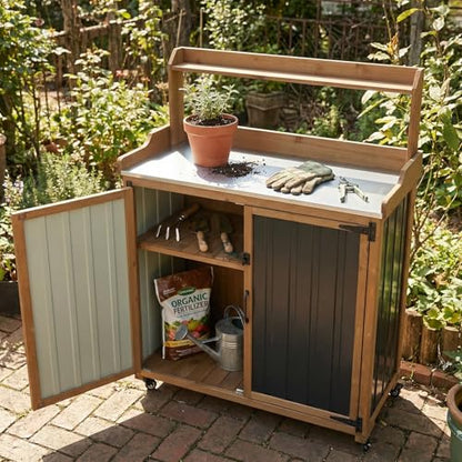 Rolling Potting Bench with Storage and Galvanized Metal Top