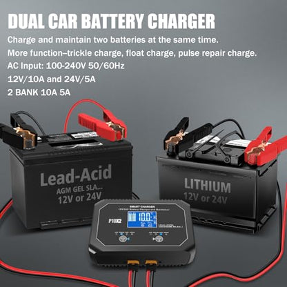 2-Bank(10A/Bank) Car Battery Charger, 12V 24V Lead-Acid, LiFePo4 Chargers