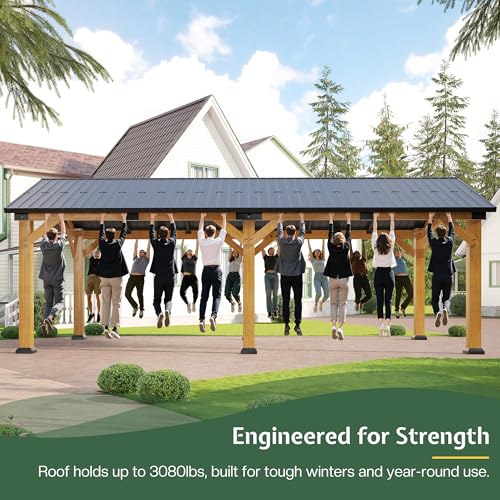 12x24x9.5 FT Cedar Wood Carport with Galvanized Steel Gable Roof