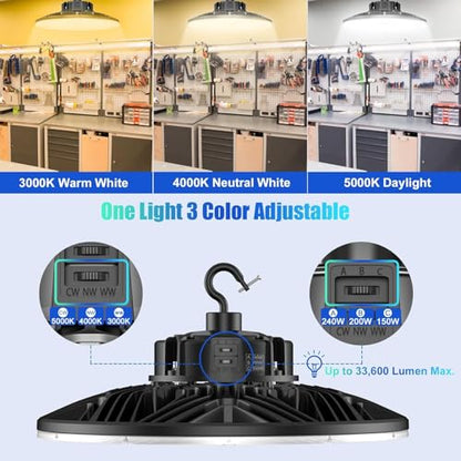 6Pack Commercial Bay Lighting 150W 200W 240W Wattage Adjustable 3000K 4000K 5000K 33600Lumen Waterproof Basement Warehouse Gym UL Listed LED Low Bay Lights
