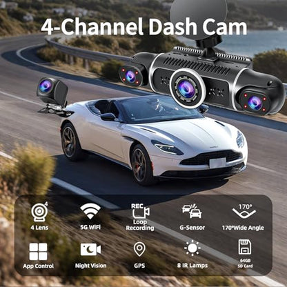 360° Dash Cam Front and Rear View 4 Channel Dash Camera FHD 2K+1080Px3 for Car