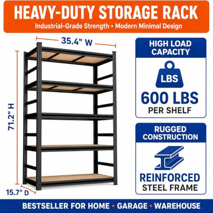 Heavy Duty Garage Shelving with Adjustable Wood Shelves 5 Tier
