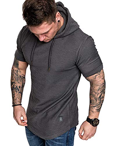 Mens Fashion Hoodies Sport Pullover Solid Color Shirt Workout Lightweight Tops Dark Grey