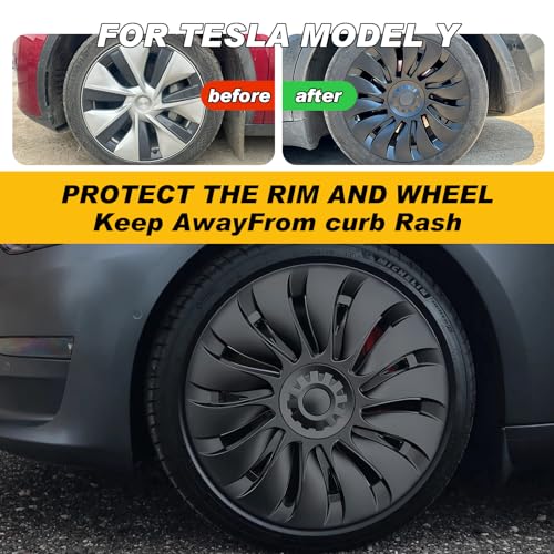 Wheel Covers 19 Inch Compatible with Tesla Model Y Accessories 2024 2023 2022 2021 Matte Black ABS Hubcaps Rim Protector Replacement（Not Fit for Model Y Juniper）