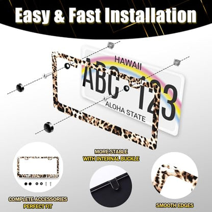 Stainless Steel Animal Brown Leopard License Plate Frame 12.2 x 6.2 Inch