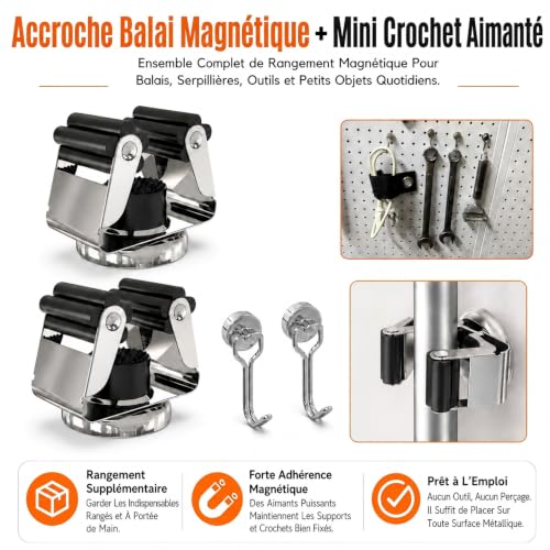 4 Pack Magnetic Broom Holder with 4 Pack Mini Magnetic Hooks (4 Count)