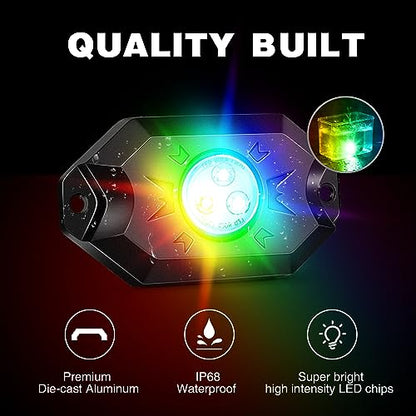 RGB LED Whip Light 2PCS 4FT with 4 Rock Lights Combo