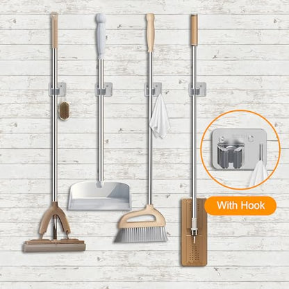 4 Pack Stainless Steel Heavy Duty Broom Holder Wall Mount with Hook (4 Count)