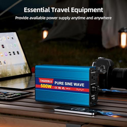 500W Pure Sine Wave Power Inverter 12V DC to 110V 120V AC for Vehicles