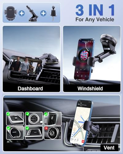 2026 NEW] Car Phone Holder [Upgraded Strongest Suction & Clip] Cell Phone Mount for Dashboard Windshield Vent