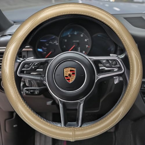 Top Grade Beige Genuine Leather Steering Wheel Cover Men Women
