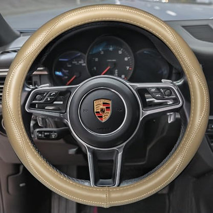 Top Grade Beige Genuine Leather Steering Wheel Cover Men Women