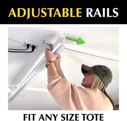 Tote Slide PRO – Made in USA | Heavy-Duty Alloy Steel Overhead Rack – Organize Up to 15 Storage Tote Bins on Garage Ceiling – 88” x 80” x 3.5”, White – Space-Saving Design