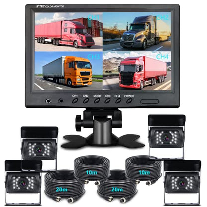 4 Channel Backup Camera System with 9 Inch Quad Split Screen Monitor