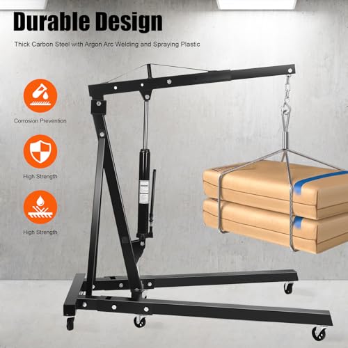 Folding Engine Crane 2 Ton Folding Engine Hoist 4400lbs Crane Hoist Lift with 6 Iron Caster Wheels for Garage