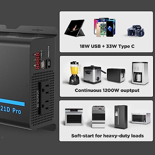 Pure Sine Wave Inverter 1200W 12V DC to 110V AC