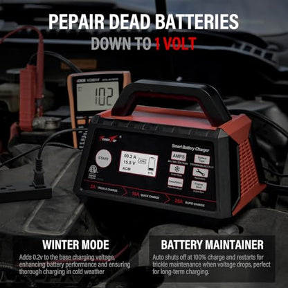 2/10/25 Amp 12V Smart Car Battery Charger, Fully Automatic Battery Maintainer with Engine Start, Auto Desulfator, Battery Repair, Winter Mode, for AGM, STD, Gel, Deep Cycle Batteries