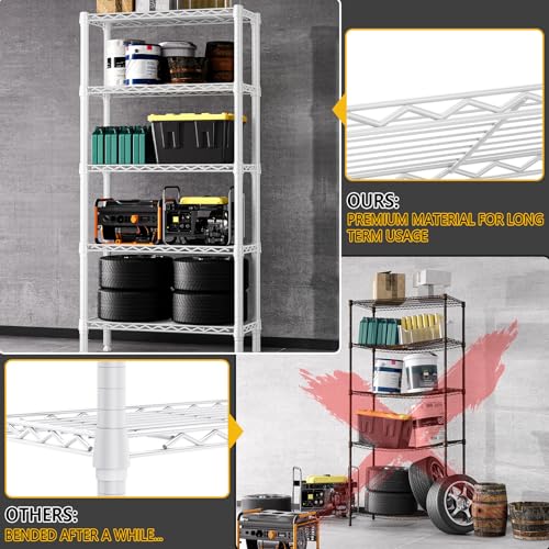 1250 lbs 5 Tier Shelf Metal Storage Shelves Wire Rack Closet Organizers for Garage Kitchen Bathroom Laundry White 11.8" D x 29.5" W x 59.5" H (5 Count)