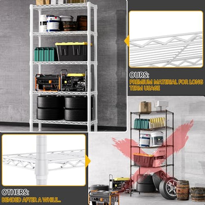 1250 lbs 5 Tier Shelf Metal Storage Shelves Wire Rack Closet Organizers for Garage Kitchen Bathroom Laundry White 11.8" D x 29.5" W x 59.5" H (5 Count)