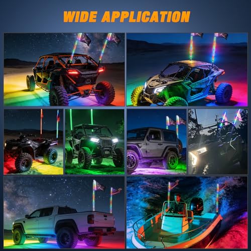 RGB LED Whip Light 2PCS 4FT with 4 Rock Lights Combo